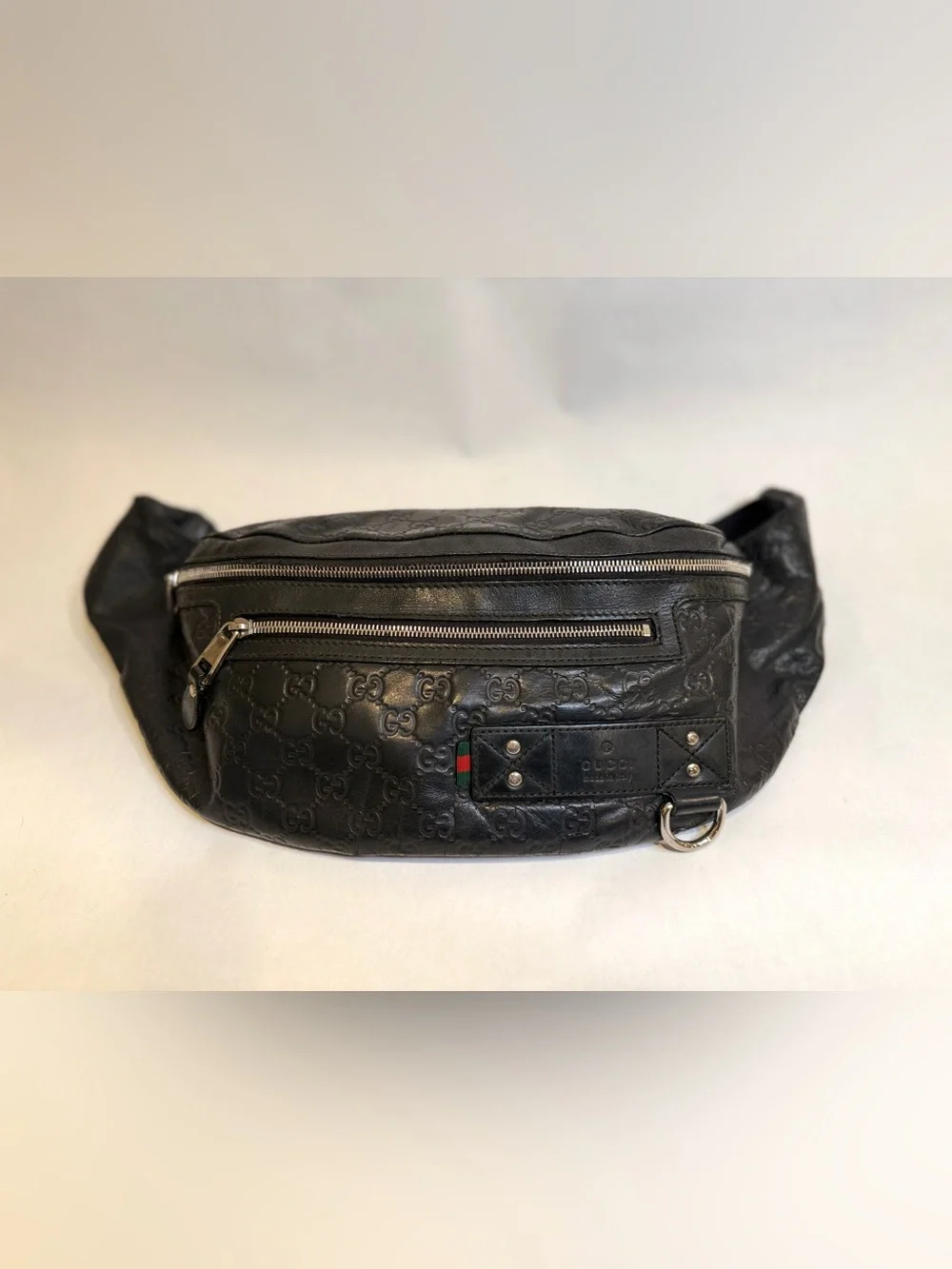 Gucci Black Embossed GG Leather Belt Bag with Web Accent